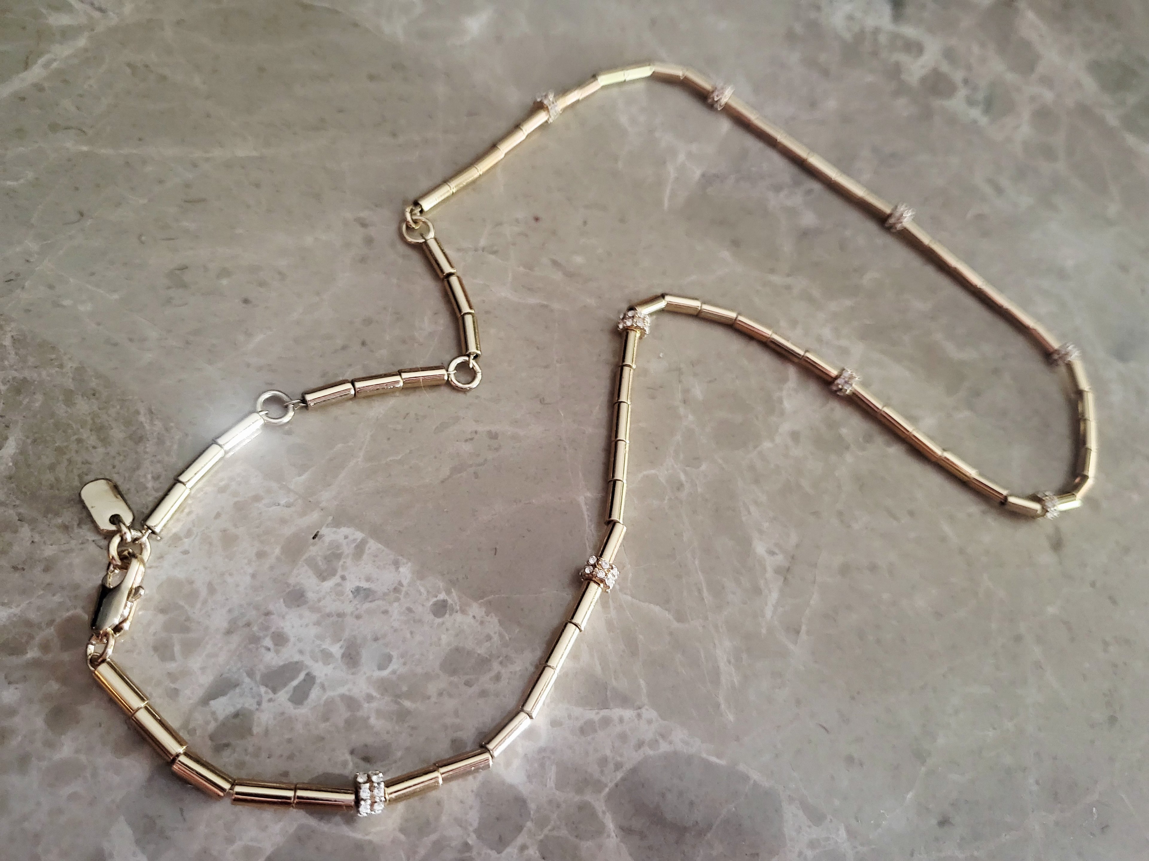 14kt yellow gold plated Bar-link Crystal-rondelle necklace.