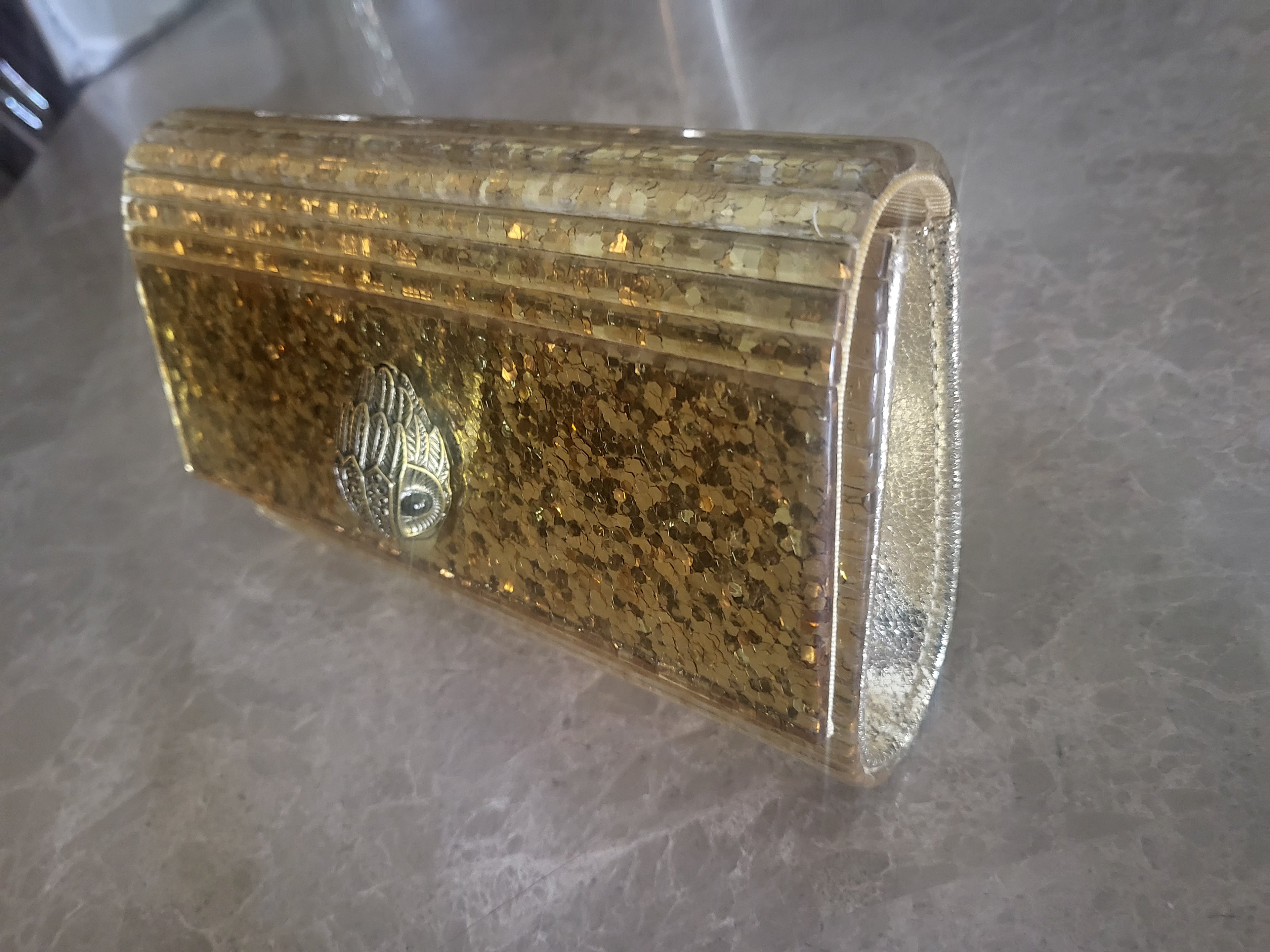 Kurt Geiger London Gold Glitter Perspex Party Eagle Clutch Evening Bag.