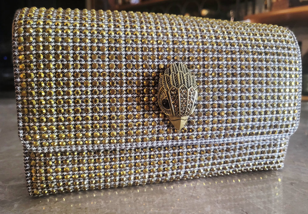 Kurt Geiger London Kensington Gold Studded Houndstooth Eagle Clutch.