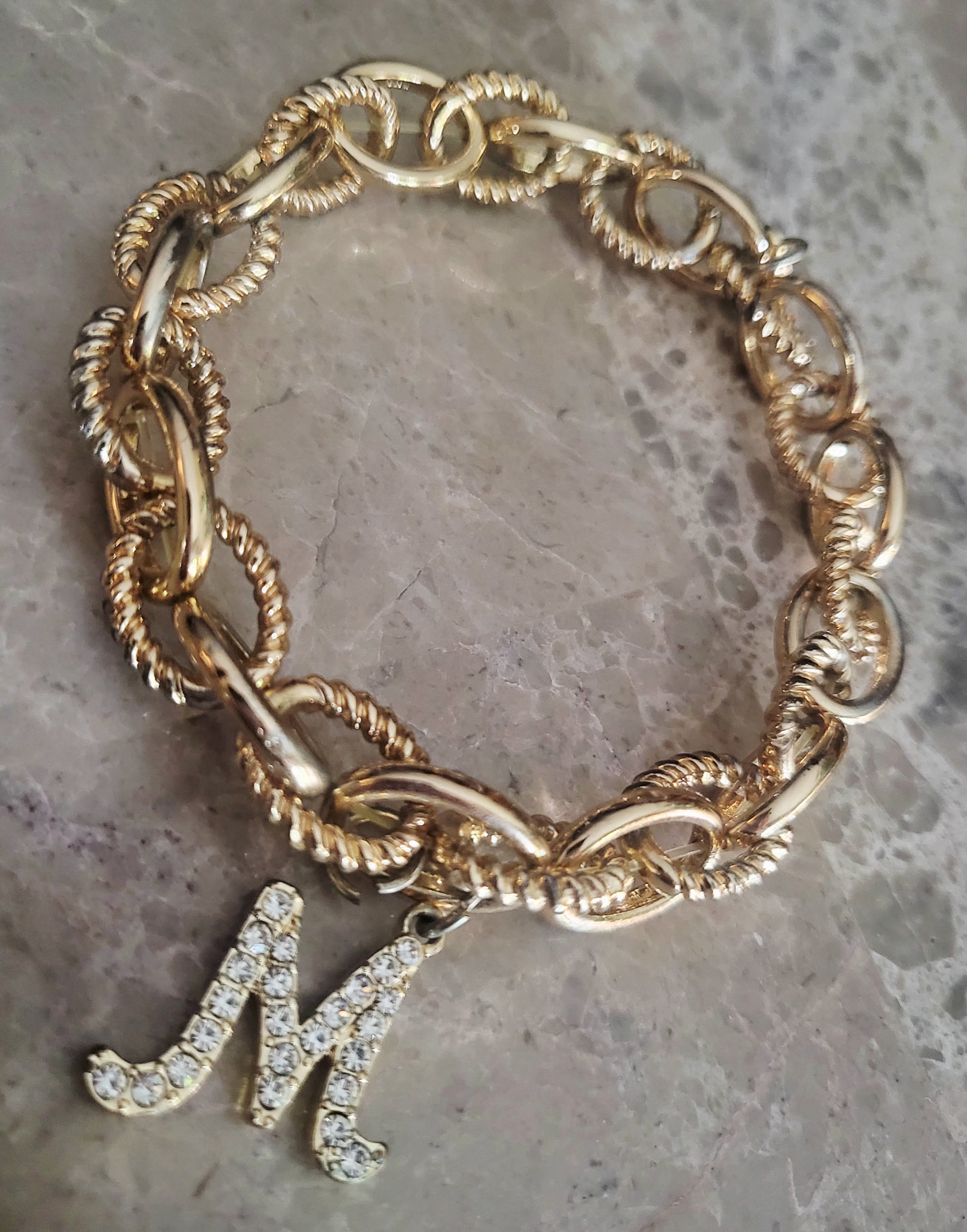14 karat yellow gold plated Link Bracelet initial "M" or "W"