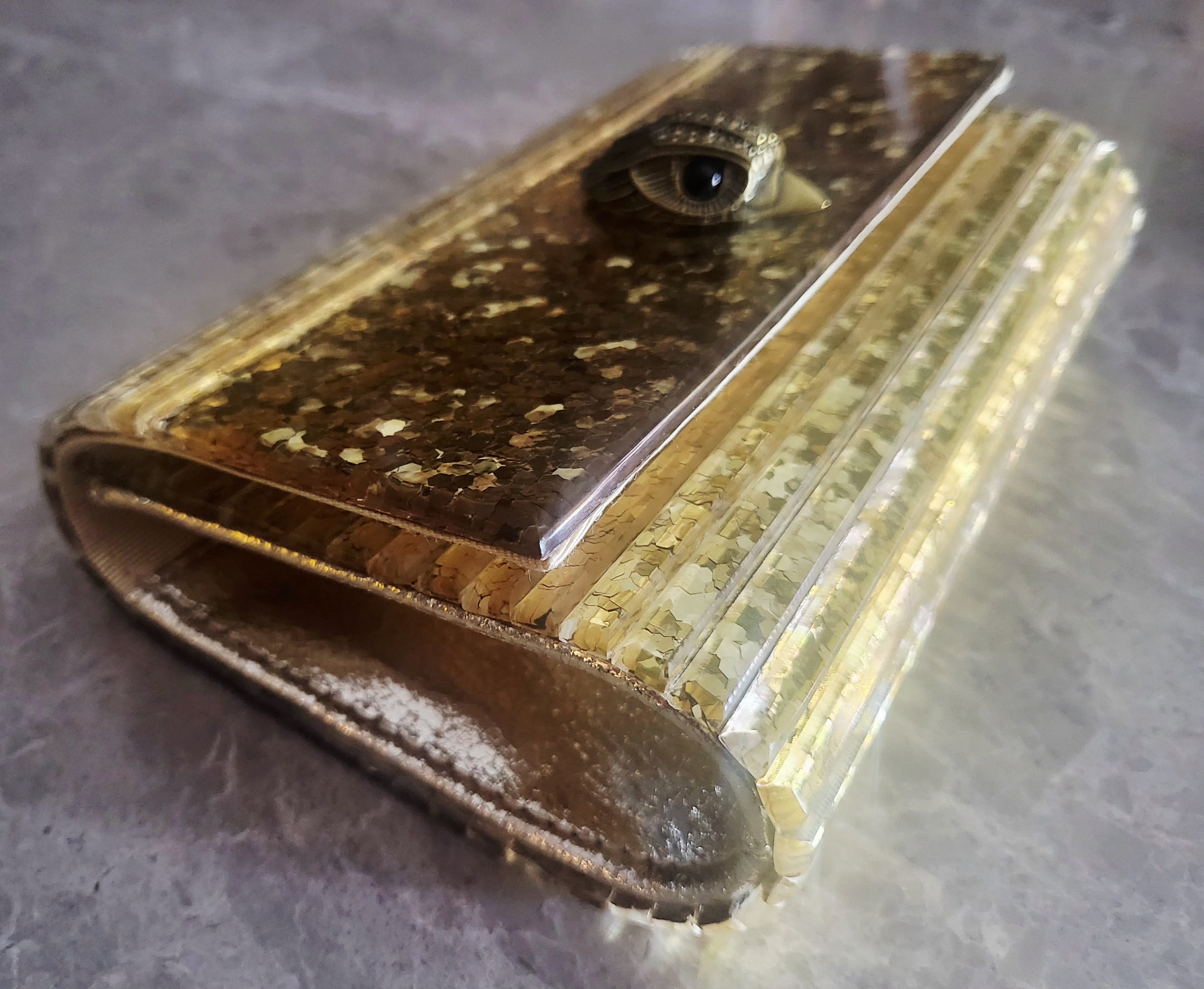 Kurt Geiger London Gold Glitter Perspex Party Eagle Clutch Evening Bag.