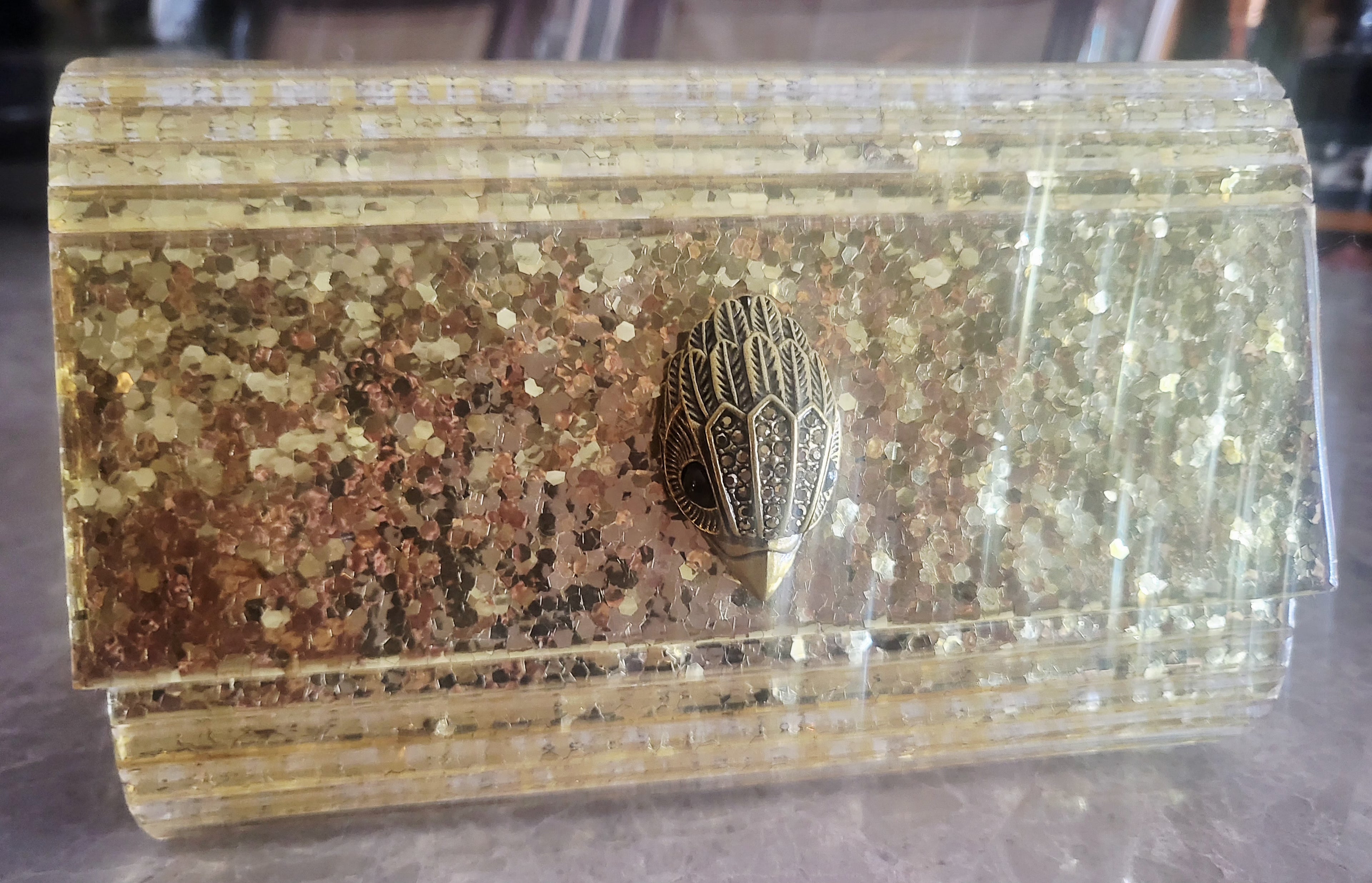 Kurt Geiger London Gold Glitter Perspex Party Eagle Clutch Evening Bag.