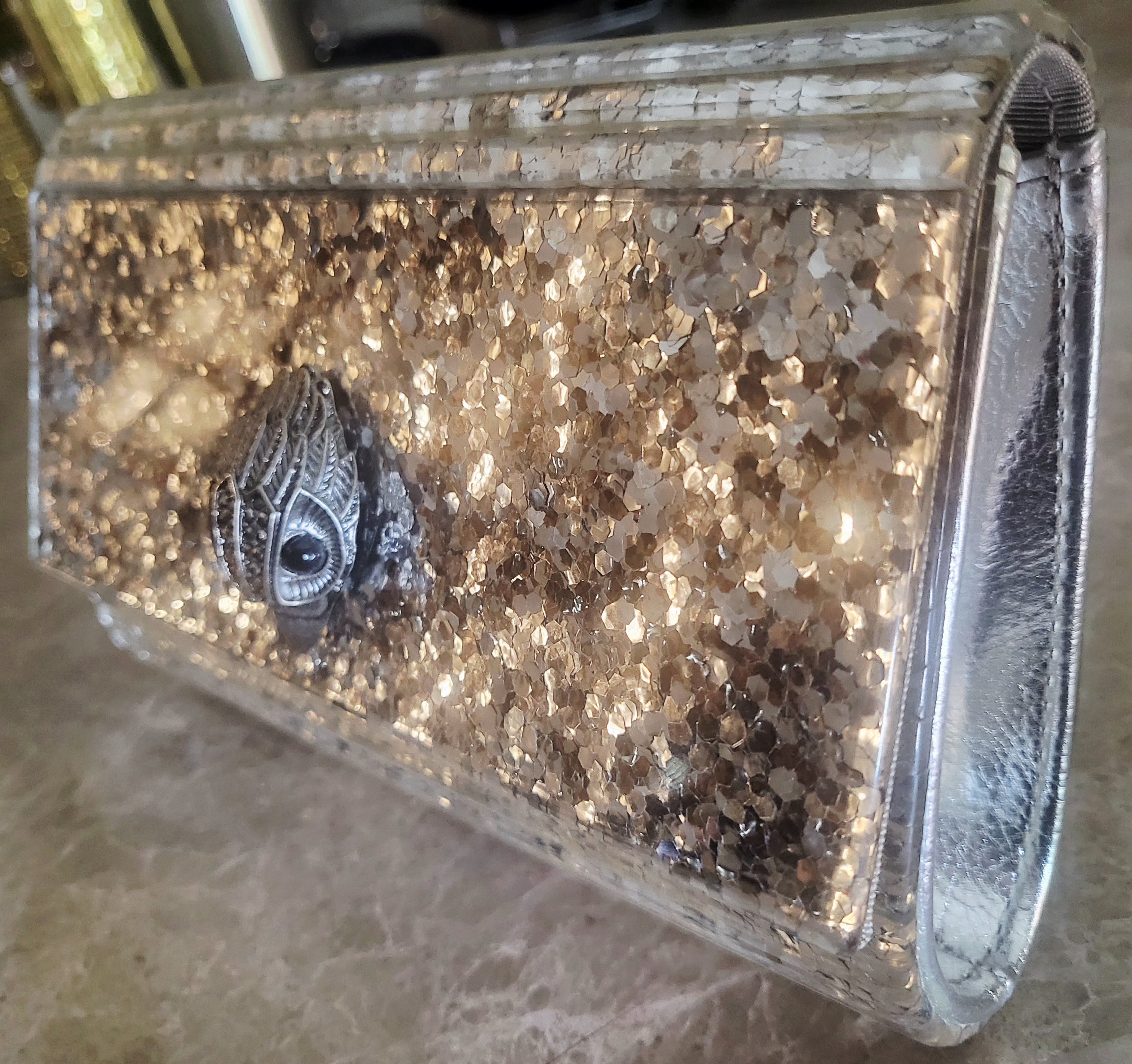Kurt Geiger London Silver Glitter Acrylic Party Eagle Clutch Evening Bag.