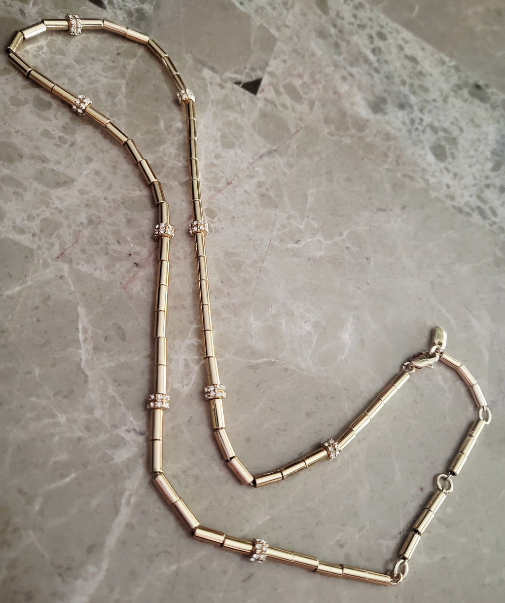 14kt yellow gold plated Bar-link Crystal-rondelle necklace.