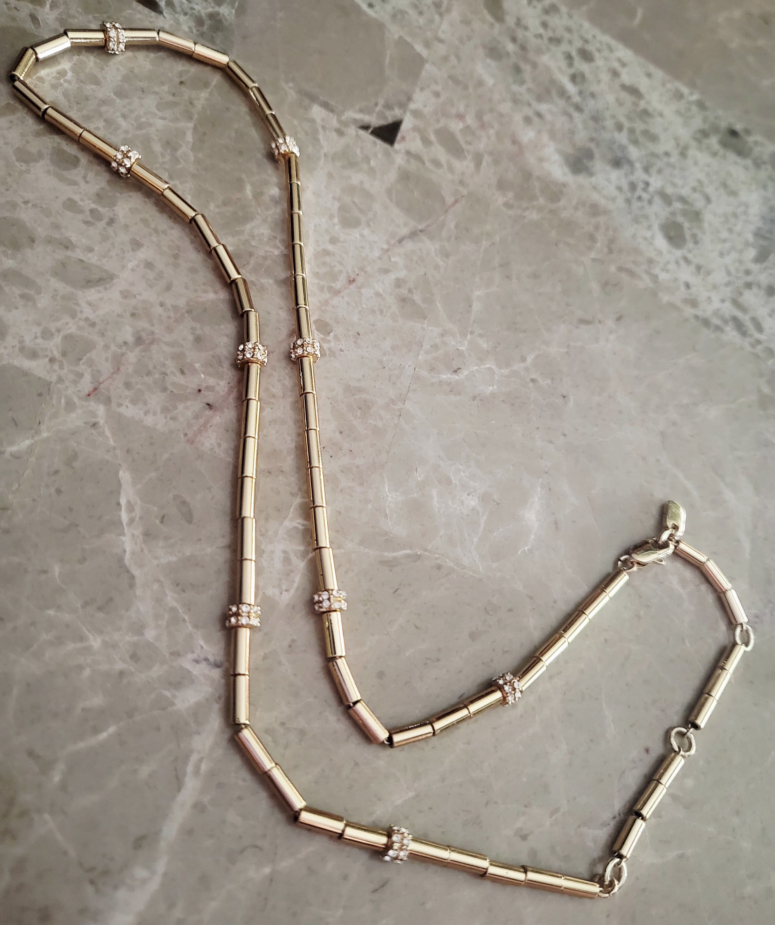 14kt yellow gold plated Bar-link Crystal-rondelle necklace.
