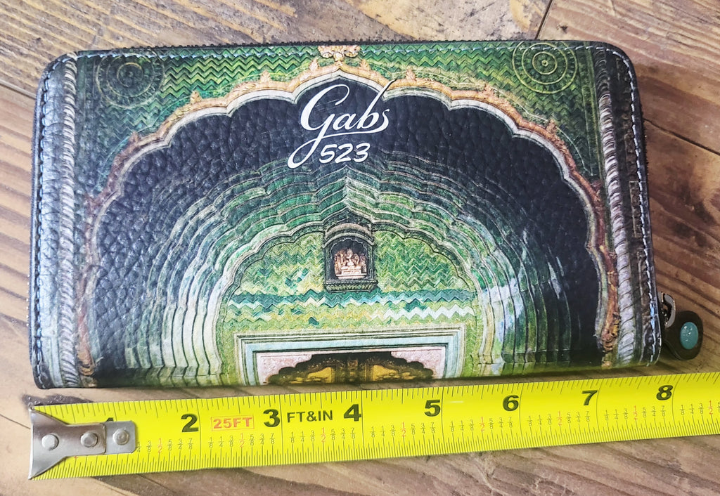 Gabs 523 Made in Italy Green Architectural Print Zip-Around Wallet.