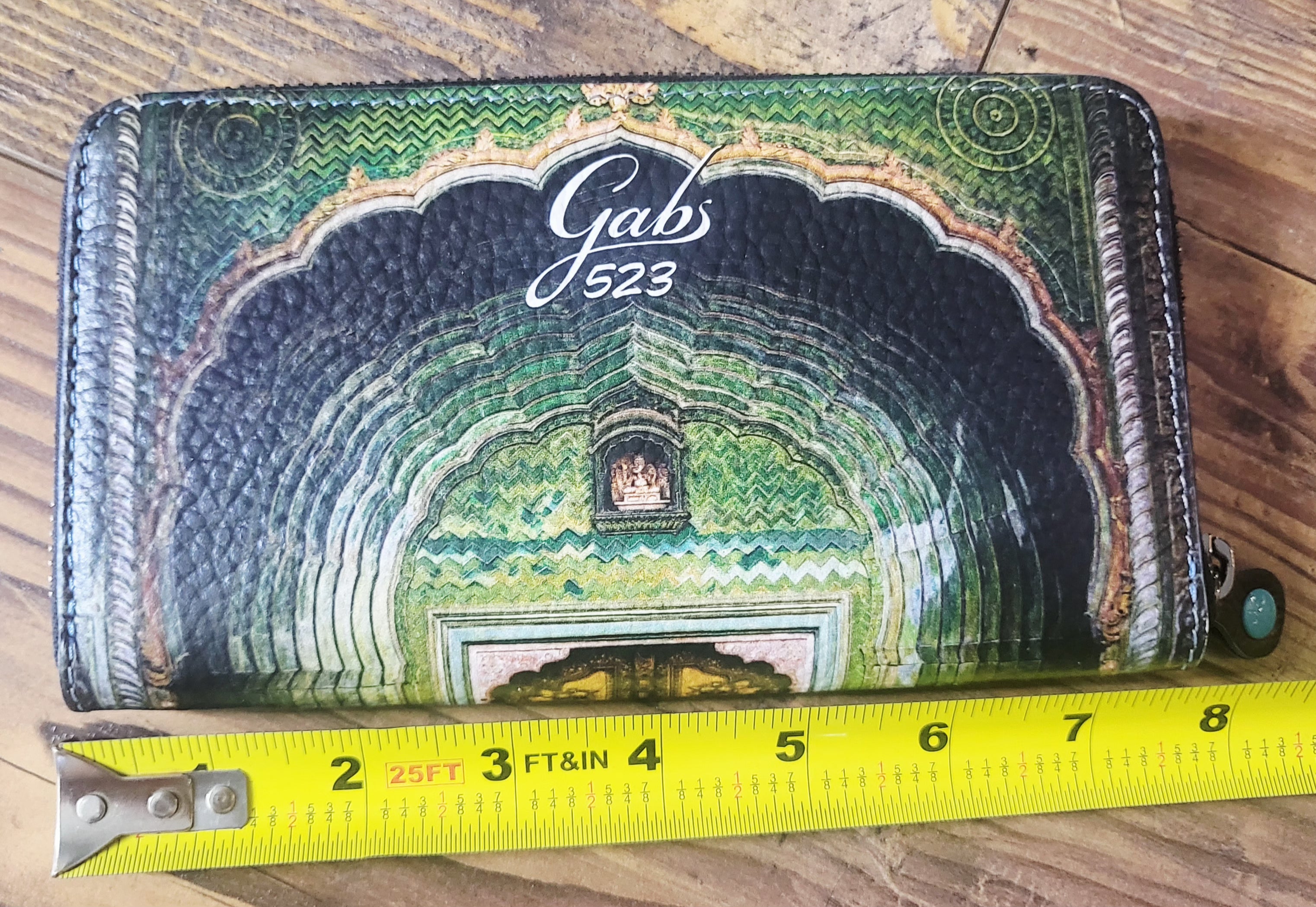 Gabs 523 Made in Italy Green Architectural Print Zip-Around Wallet.