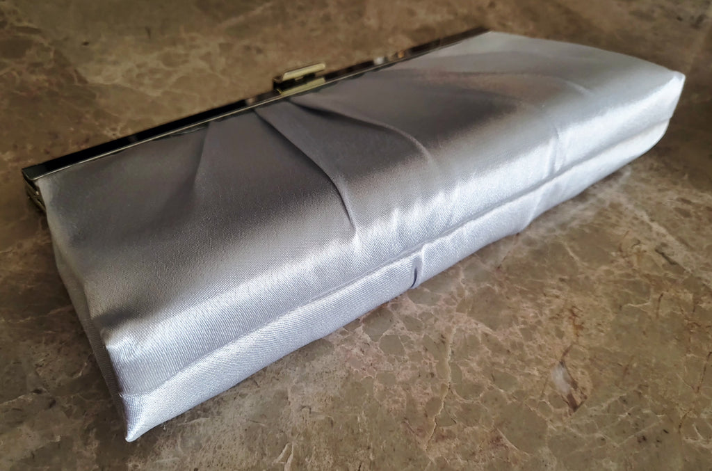 Elegant Silver Satin Pleated Evening Clutch – Formal & Special Occasion Handbag