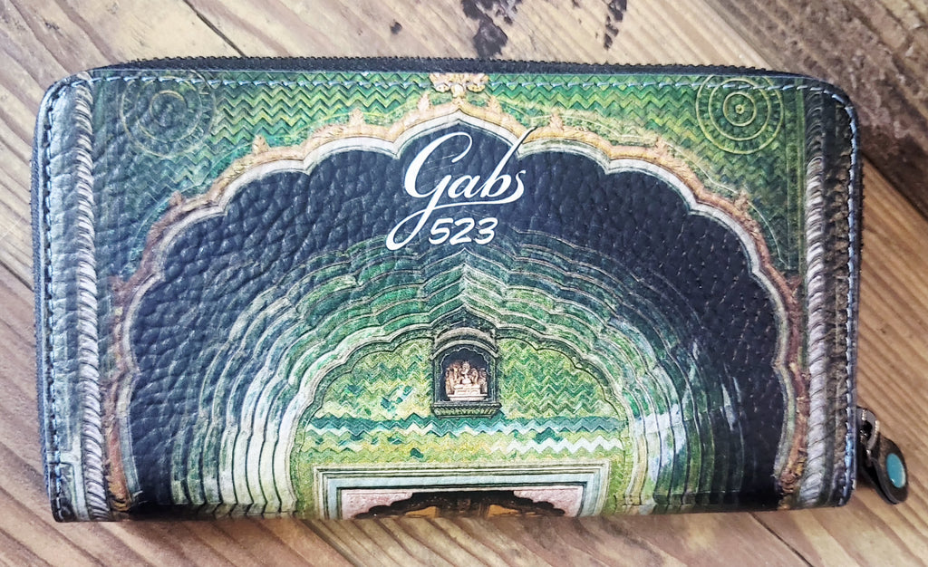 Gabs 523 Made in Italy Green Architectural Print Zip-Around Wallet.