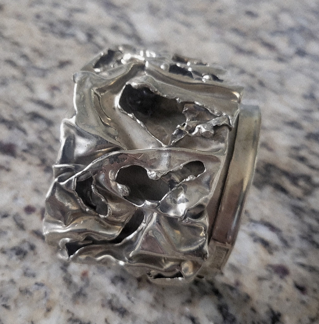 Brutalist Sculptural Silver-Plated Statement Cuff Bracelet – 6.5"