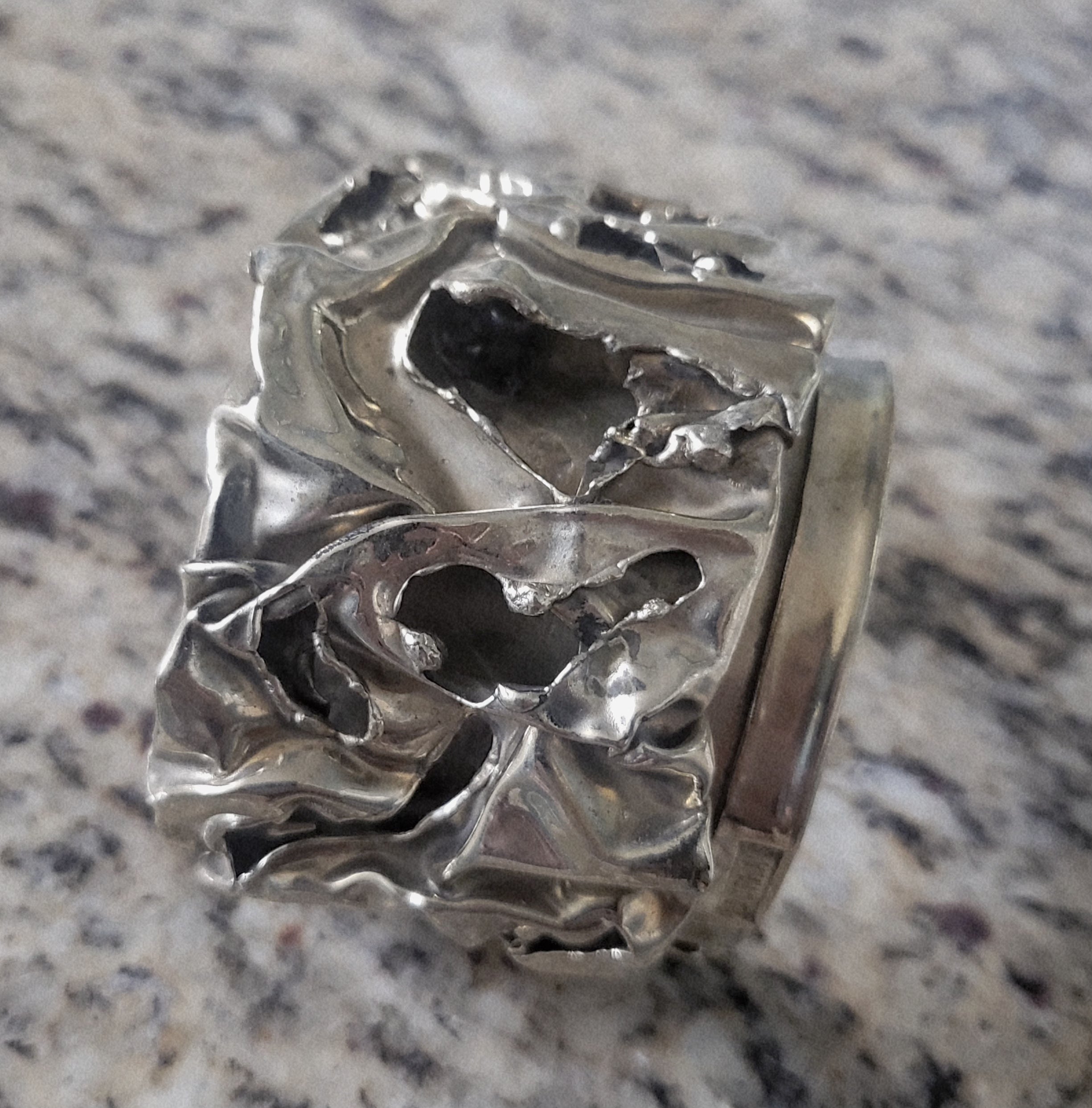 Brutalist Sculptural Silver-Plated Statement Cuff Bracelet – 6.5"