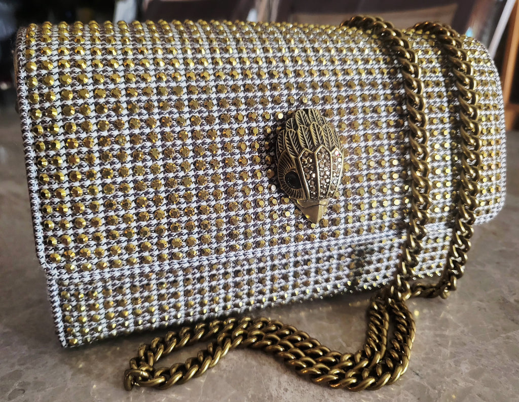 Kurt Geiger London Kensington Gold Studded Houndstooth Eagle Clutch.