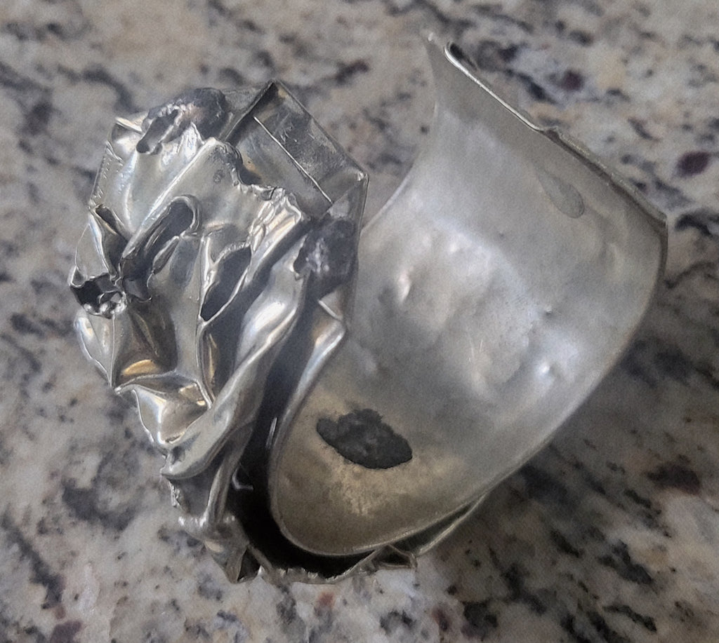 Brutalist Sculptural Silver-Plated Statement Cuff Bracelet – 6.5"