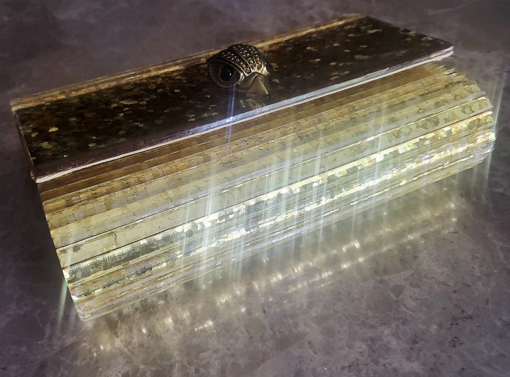 Kurt Geiger London Gold Glitter Perspex Party Eagle Clutch Evening Bag.