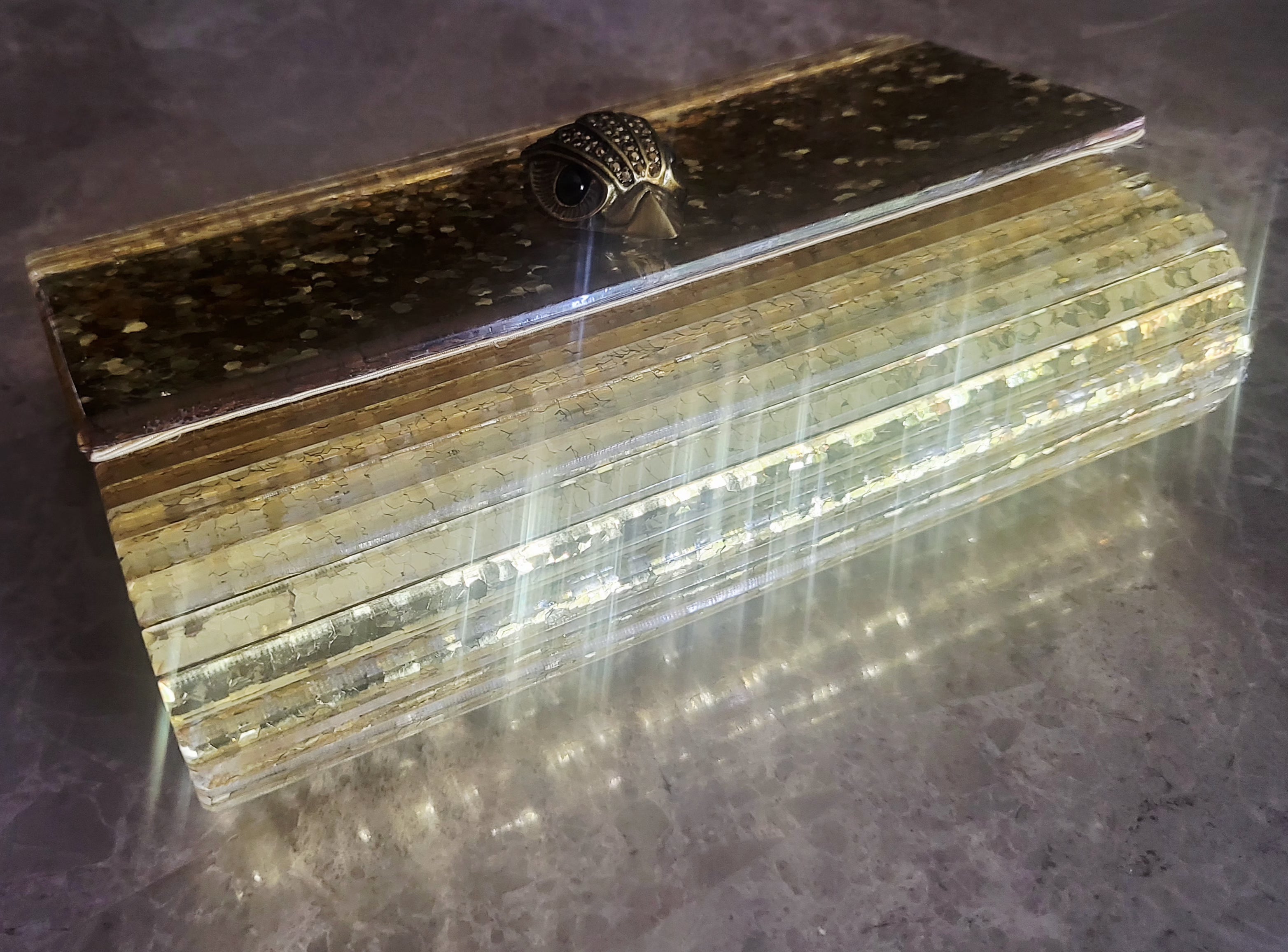 Kurt Geiger London Gold Glitter Perspex Party Eagle Clutch Evening Bag.